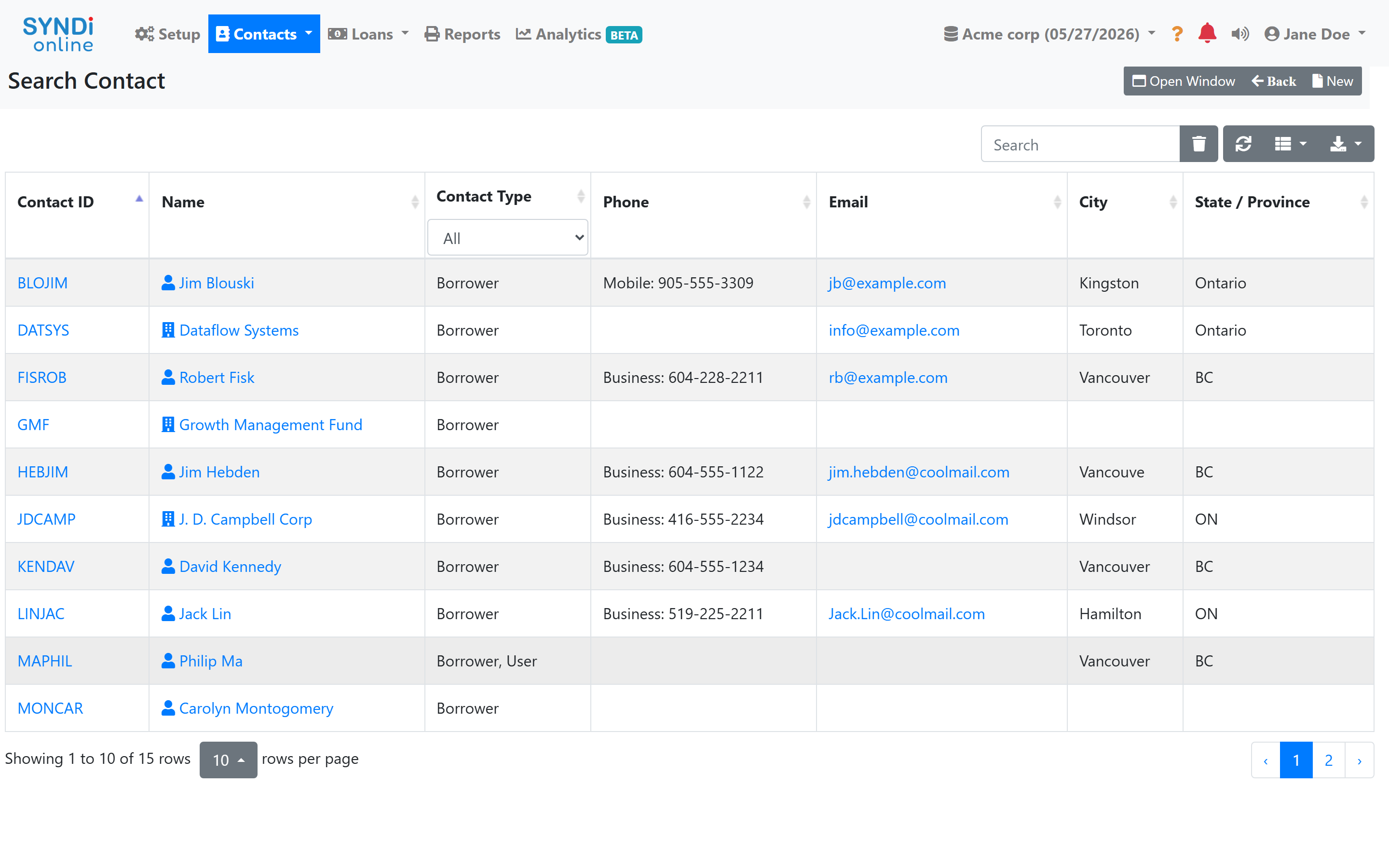 The SYNDi Online Search Contacts screen shown after signing in