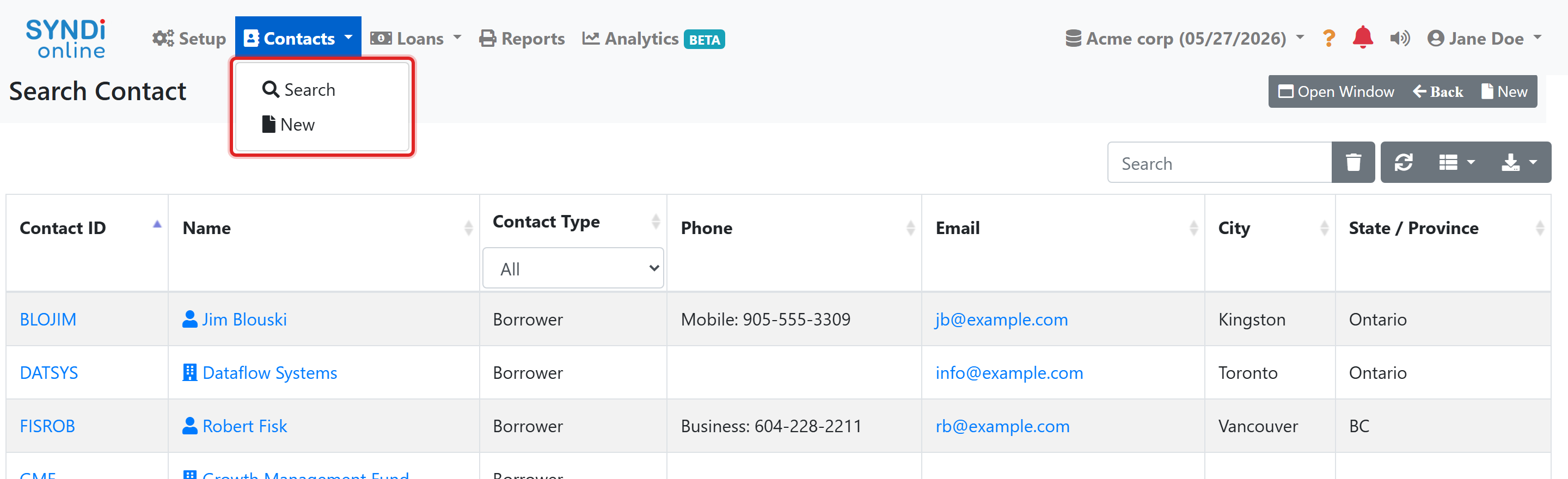 The Contacts menu open, with Search and New highlighted